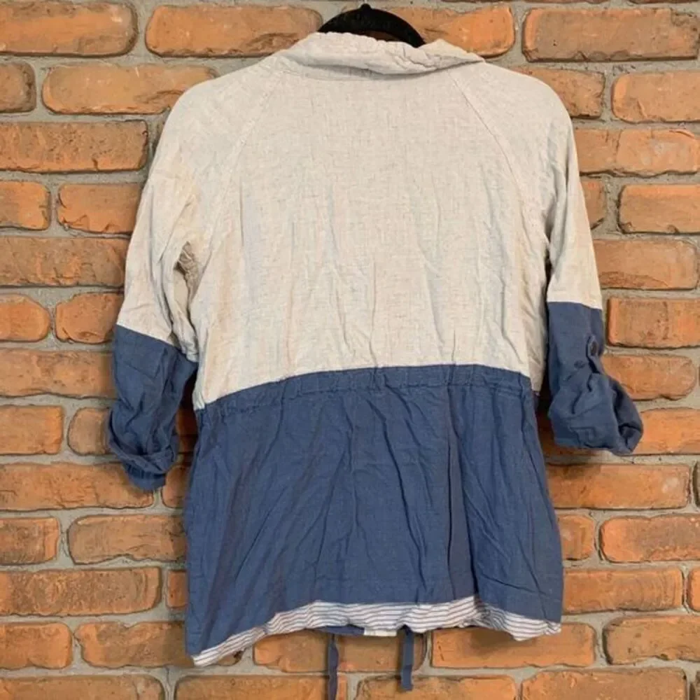 Blu Pepper Womens Colorblock Linen‎ Blend Utility Jacket Blue Cream Small BA4790